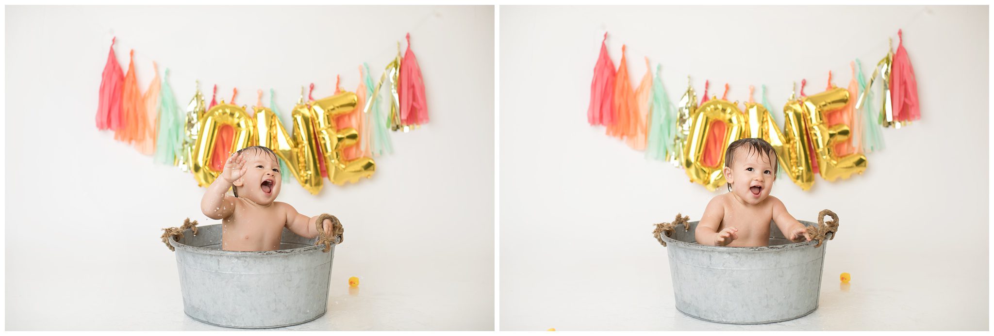 In addition to a cake smash photo session, this one year old girl had a blast splashing away to celebrate her first birthday. Love the props used for this cake smash session 