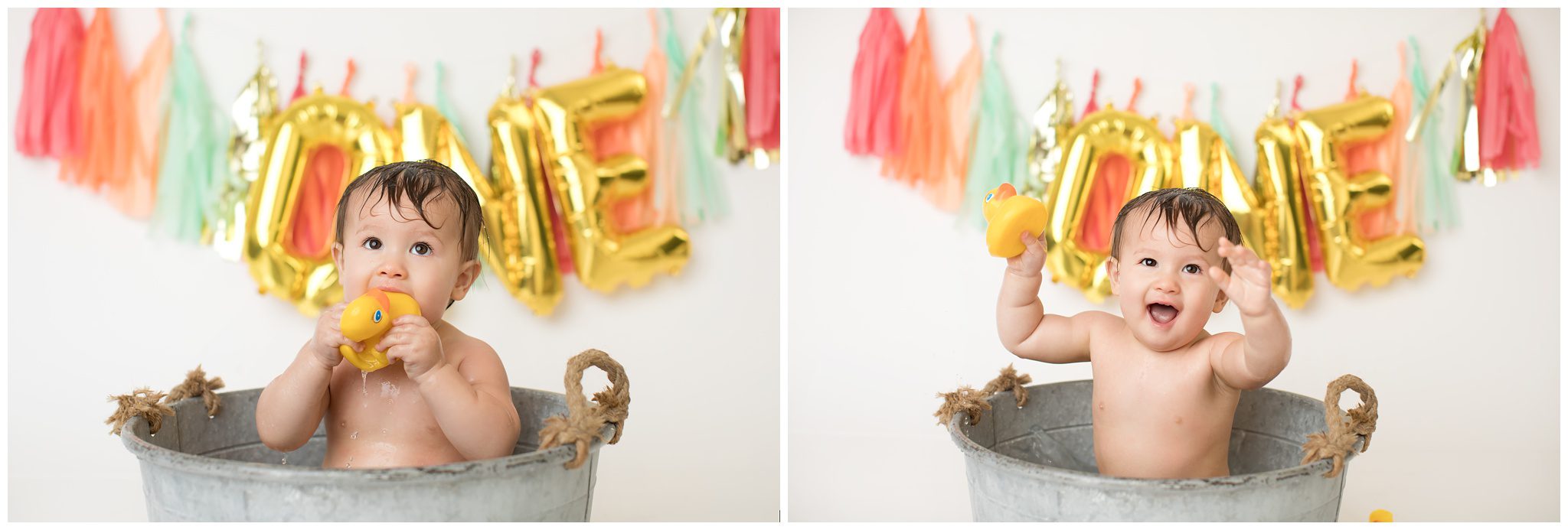 Unique way for first birthday pictures, why not do a bath with rubber ducky? Turning one is so fun