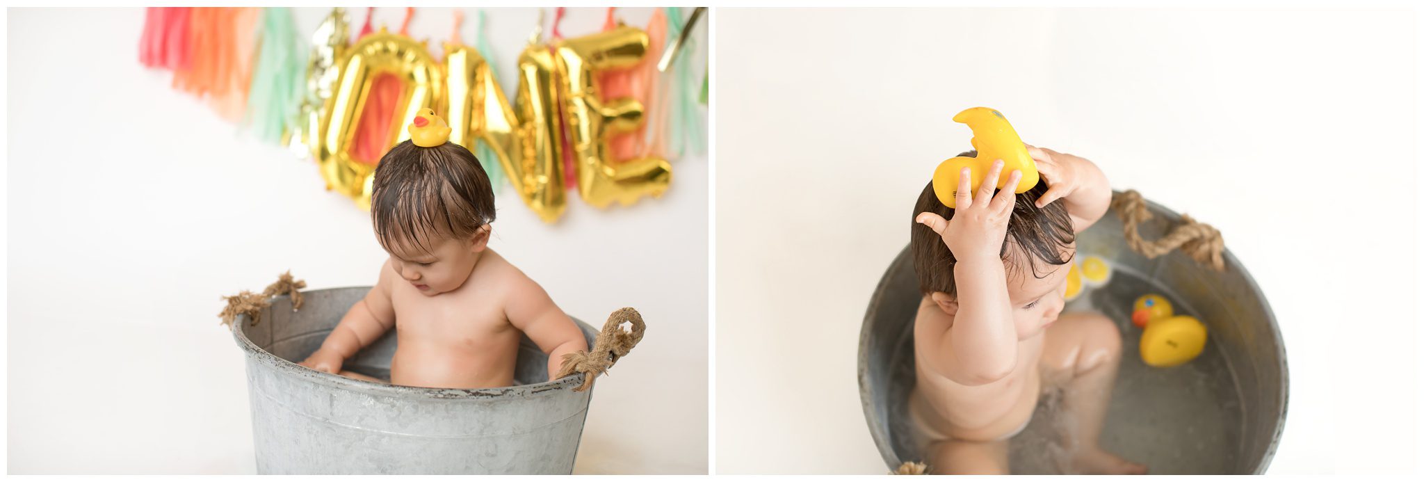 Rubber ducky bath time photos of little girl for her first birthday photo shoot